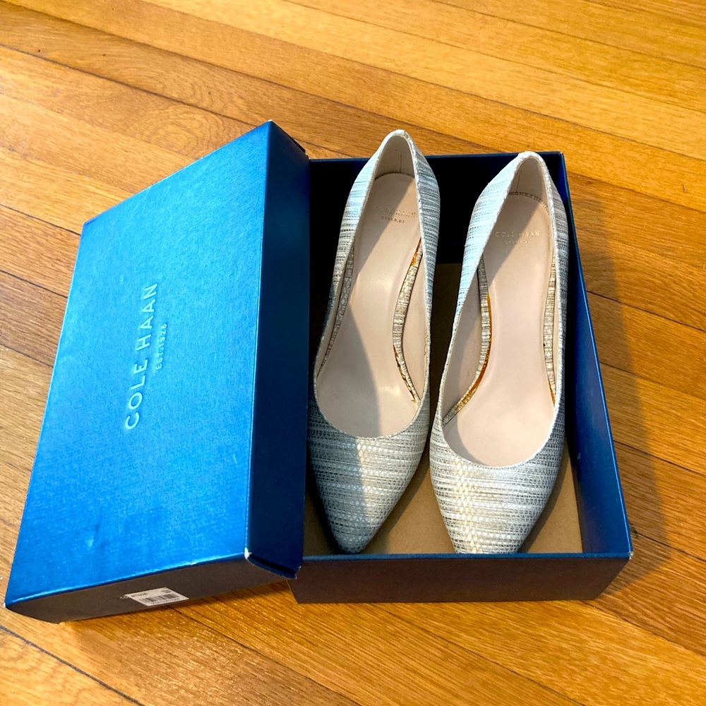 Beautiful Cole Haan pumps, size 9, white and silver and gold accents